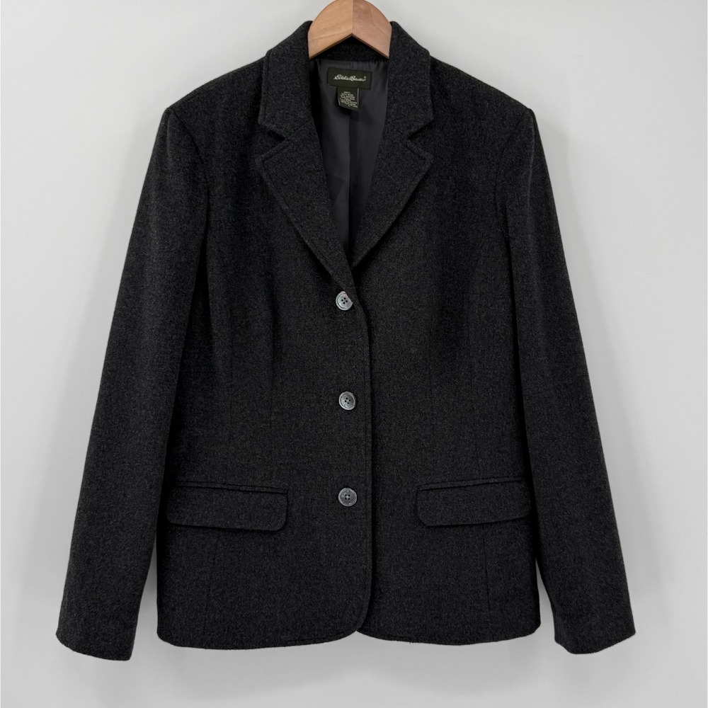 Eddie Bauer Women Large Charcoal Gray Wool Angora Blazer Jacket 2006 Academia